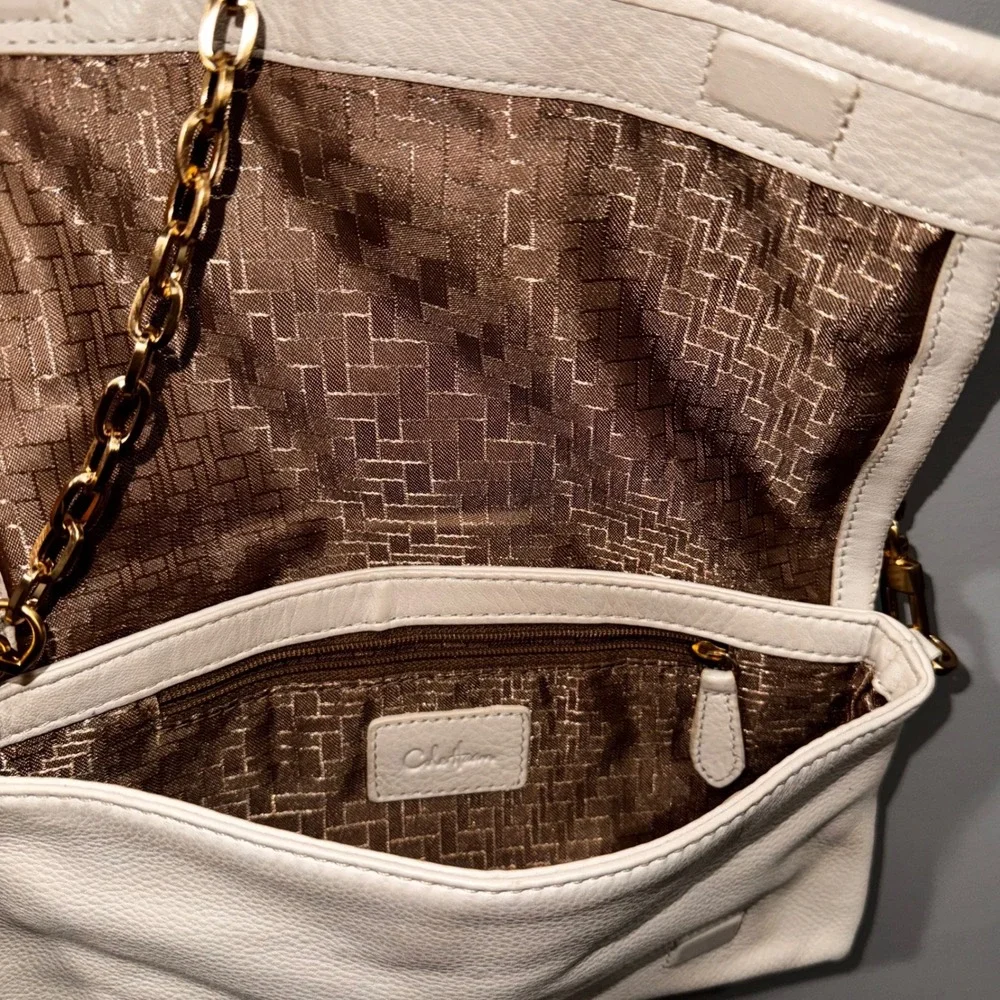 Cole Haan Leather Shoulder‎ Bag Clutch Ivory Gold Chain Evening Party Purse